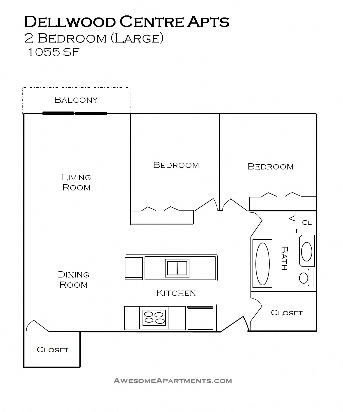 Floor plan for 2 beds, 1 bath, 1104 sqft